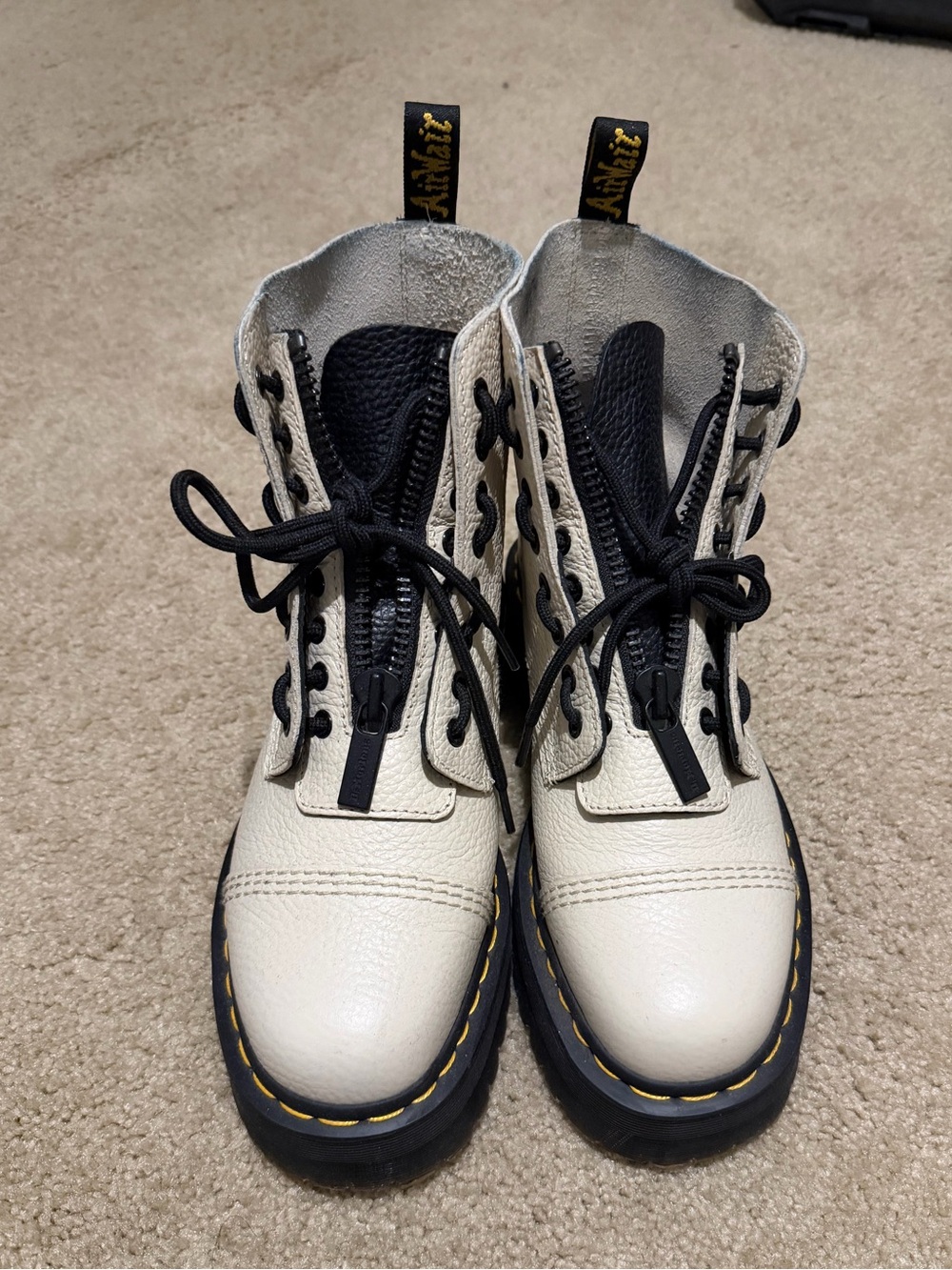 Dr. Martens Cream and Black Lace-Up Combat Boots with Yellow Stitching